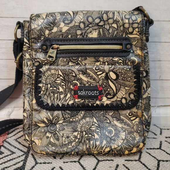 Sakroots Crossbody Black Spirit Lace Canvas Coated Bag Purse - Picture 1 of 13